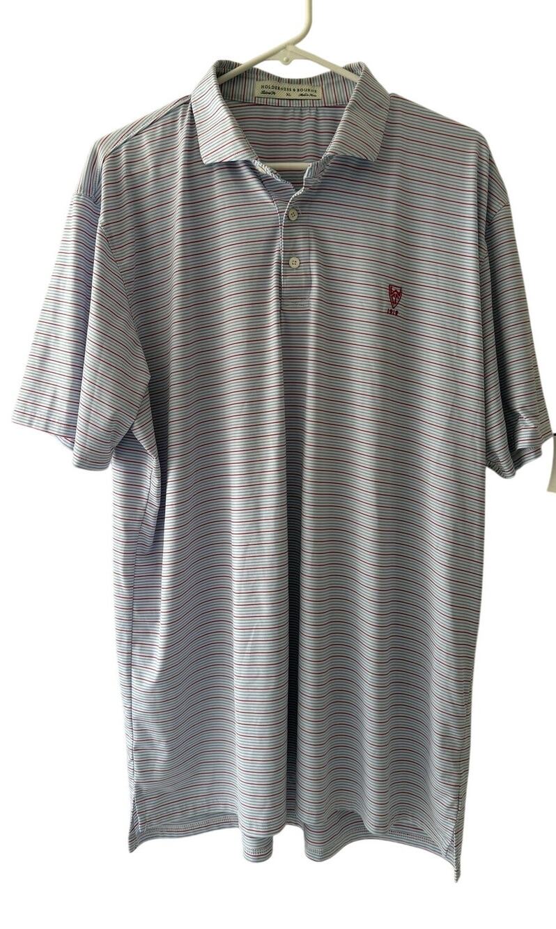Holderness & Bourne Mens Shirt XL 1919 Striped Tailored Fit Golf Logo Polo VGC